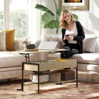 Tavolino con piano sollevabile, tavolino da soggiorno con vano nascosto e scaffale aperto, 95x40x59cm, legno naturale