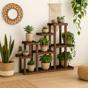 Takumi - Scaffale per Piante Fioriera 113x97x25 cm Porta Vasi da Interno 9 Ripiani in Legno di Abete