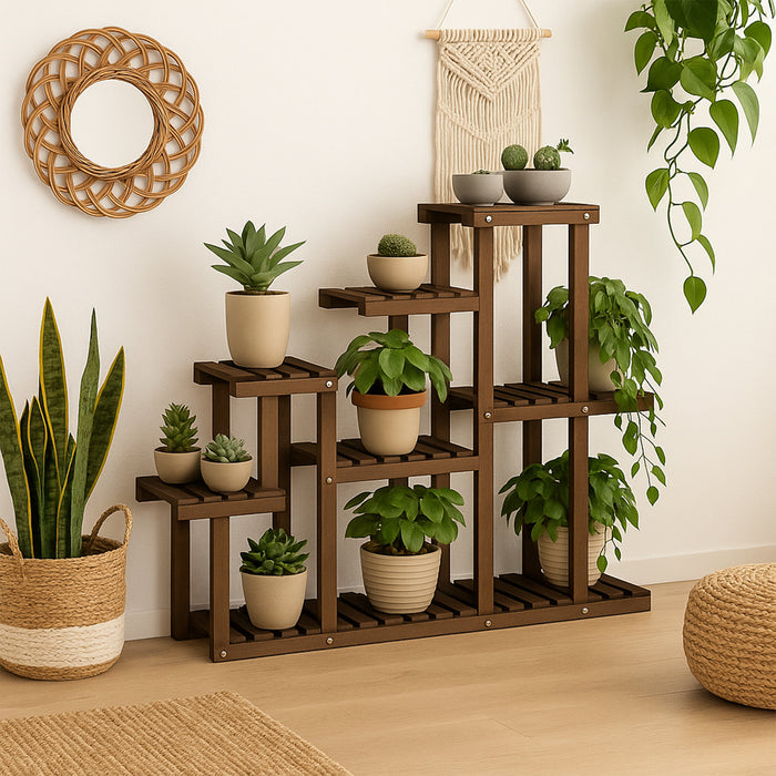 Takumi - Scaffale per Piante Fioriera 113x97x25 cm Porta Vasi da Interno 9 Ripiani in Legno di Abete