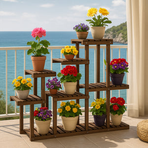 Takumi - Scaffale per Piante Fioriera 113x97x25 cm Porta Vasi da Interno 9 Ripiani in Legno di Abete