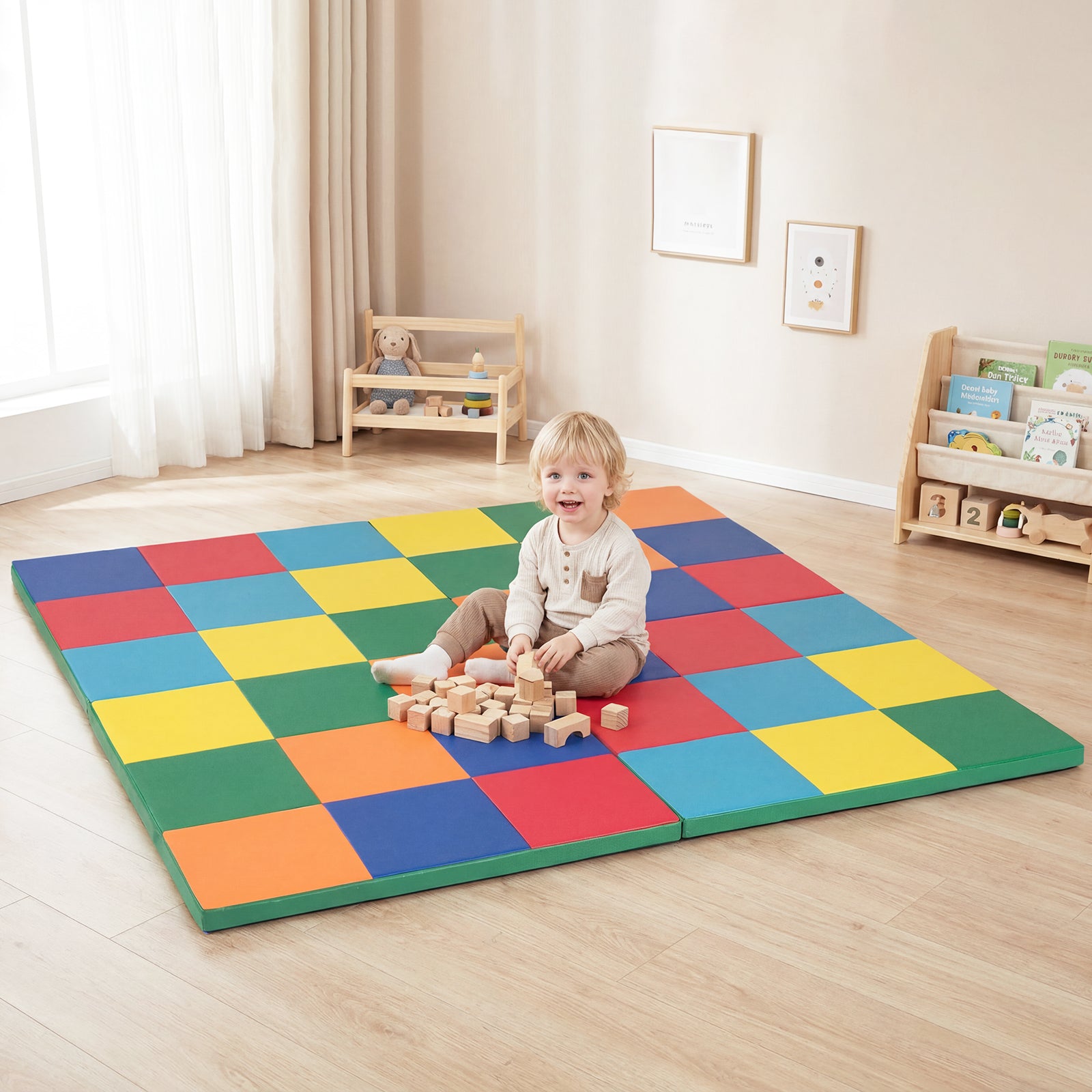 Tappetino attività patchwork per bambini pieghevole impermeabile-Tappetini da gioco set 2 pz 144x144cm Colorato