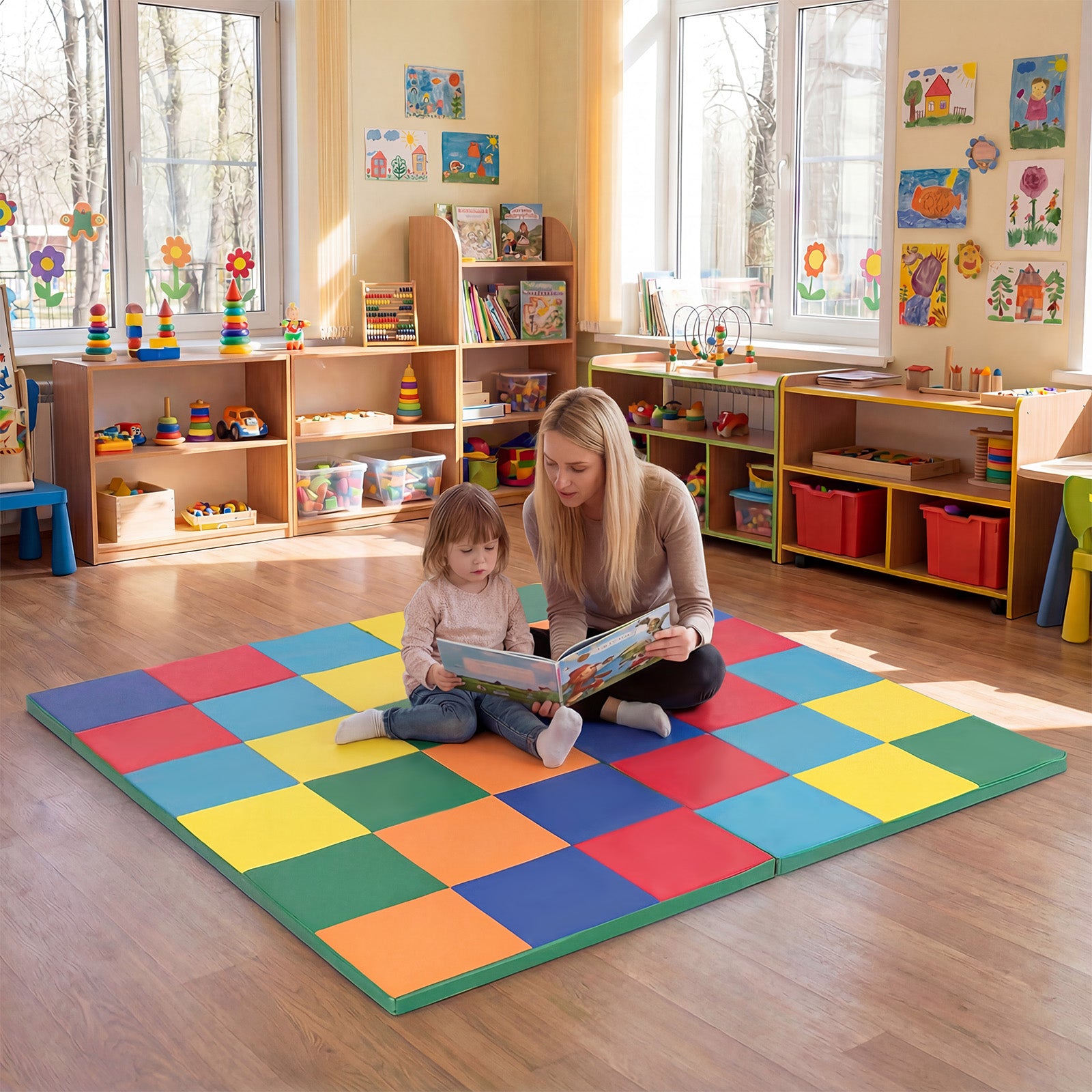 Tappetino attività patchwork per bambini pieghevole impermeabile-Tappetini da gioco set 2 pz 144x144cm Colorato