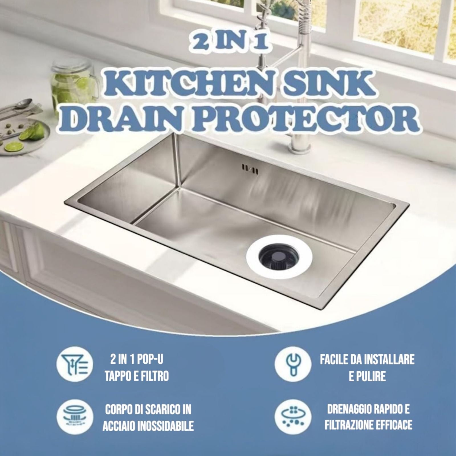 Tappo Lavandino Click Clack 2in1 Piletta Filtro Scarico Lavabo Universale 87013