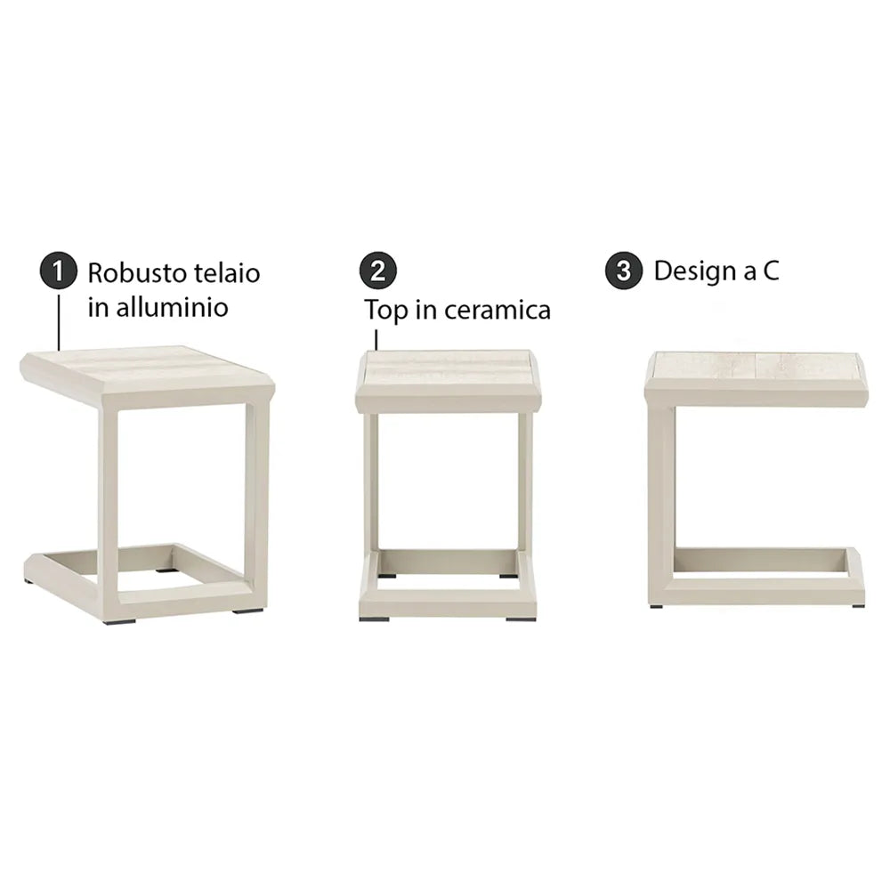 Tempo Style - Tavolino da Resort Nice beige 43x35 cm | Tavolino Salvaspazio, Elegante e Resistente per Giardino, Terrazza e Balcone | Struttura in alluminio con top ceramica