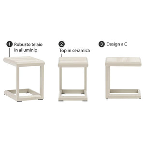 Tempo Style - Tavolino da Resort Nice beige 43x35 cm | Tavolino Salvaspazio, Elegante e Resistente per Giardino, Terrazza e Balcone | Struttura in alluminio con top ceramica