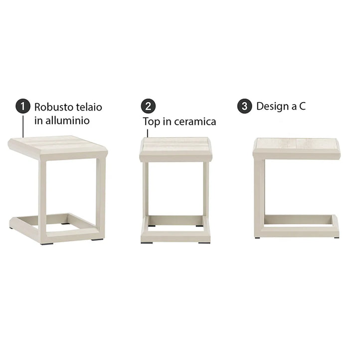 Tempo Style - Tavolino da Resort Nice beige 43x35 cm | Tavolino Salvaspazio, Elegante e Resistente per Giardino, Terrazza e Balcone | Struttura in alluminio con top ceramica