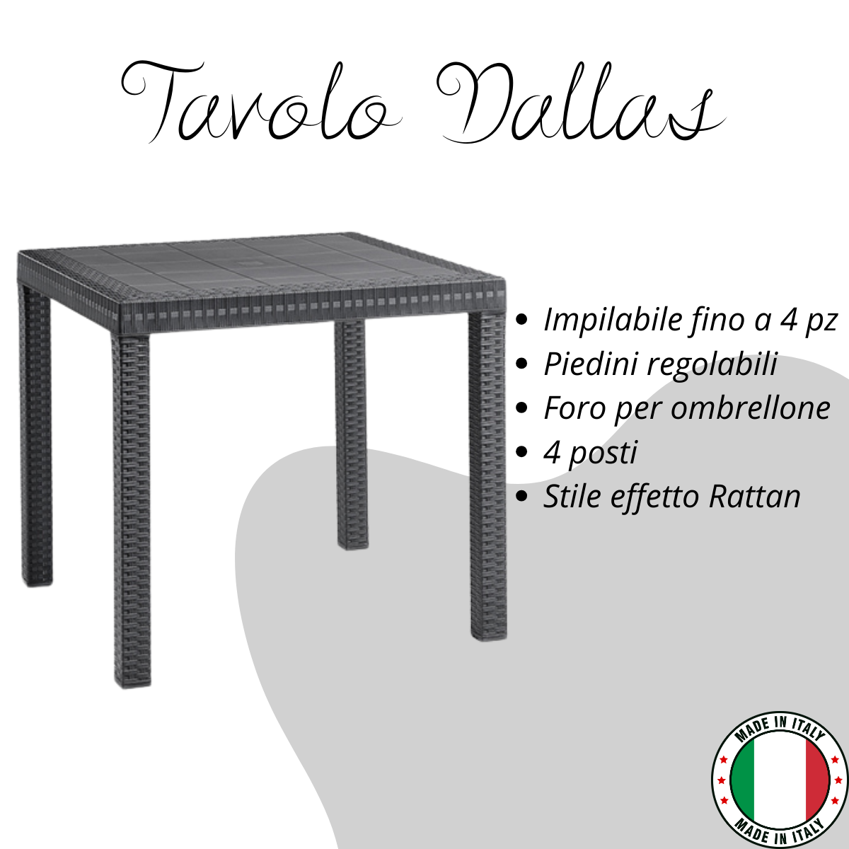 Tavolo da giardino in plastica quadrato Dallas effetto Rattan - Nero