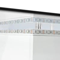 Tavolino da salotto moderno in vetro lucido con striscia LED regolabile e ruote girevoli, 80×80×40 cm, Bianco+Nero