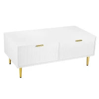 Tavolino da Salotto Moderno con 2 Cassetti e Design a Righe Verticali, 100x50x40 cm - Tavolino da Divano, Bianco+Oro