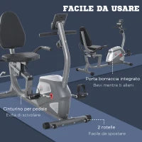 Cyclette Orizzontale con Seduta Regolabile, 8 Resistenze e Monitor LCD, 121.5-136x62.5x98cm, Grigio
