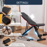 Panca Multifunzione per Addominali e Pesi, Inclinazione Regolabile ed Elastici, 130x48x48-109cm, Nero