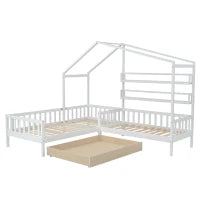 Letto per bambini con cassetti e scaffali, struttura a L, senza materasso, 90x200 cm+140x70 cm, Bianco