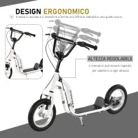 Monopattino con Manubrio Regolabile, Ruote Grandi, 2 Freni e Telaio in Metallo, per Bambini 5+ Anni, Max 100kg, 120x58x85-95cm, Bianco