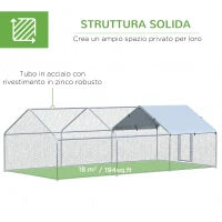 Pollaio per Galline da Esterno in Metallo con Copertura in Tessuto Oxford, 600x303.5x195 cm, Argento