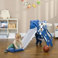 Scivolo per Bambini 18-36 Mesi con Canestro da Basket Laterale in PE, 133x60x70 cm, Blu e Grigio