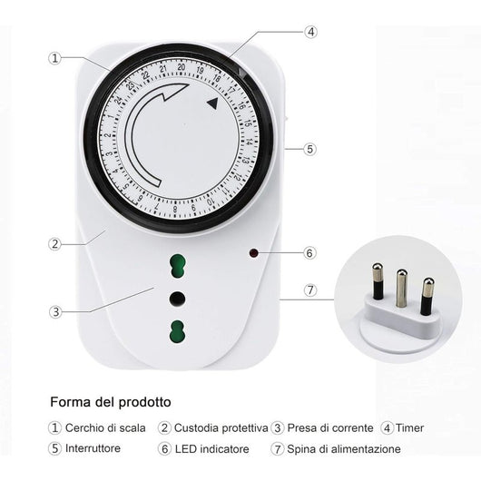 Temporizzatore Meccanico Timer Regolabile 24 Ore Con Spina 16A Presa Bipasso 10/16A Max 3680W