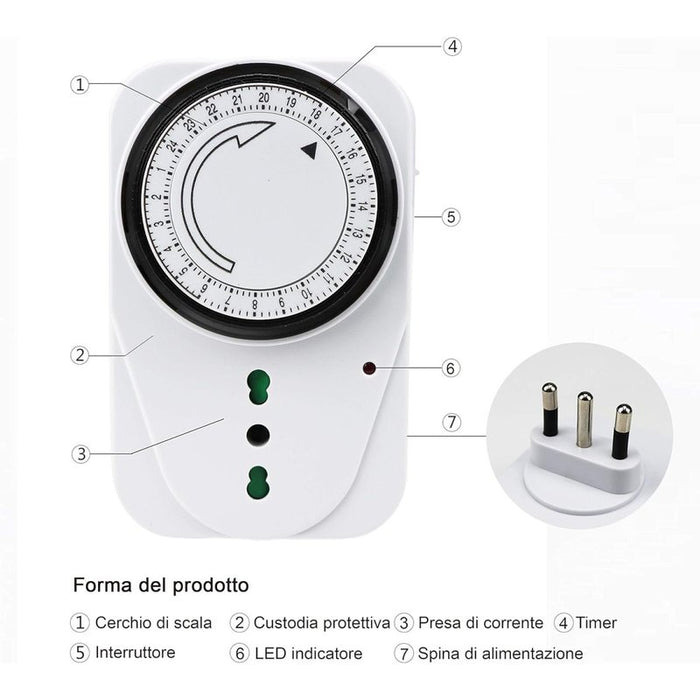 Temporizzatore Meccanico Timer Regolabile 24 Ore Con Spina 16A Presa Bipasso 10/16A Max 3680W