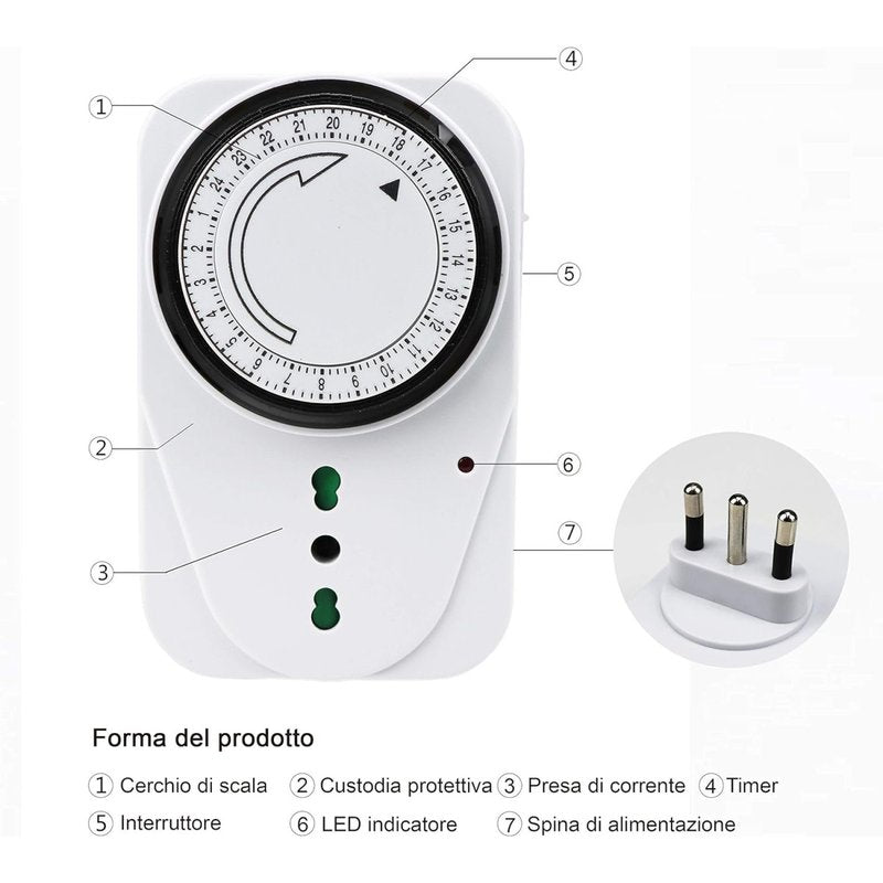 Temporizzatore Meccanico Timer Regolabile 24 Ore Con Spina 16A Presa Bipasso 10/16A Max 3680W