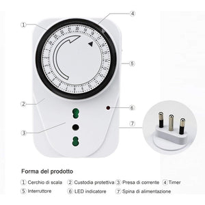 Temporizzatore Meccanico Timer Regolabile 24 Ore Con Spina 16A Presa Bipasso 10/16A Max 3680W