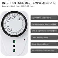 Temporizzatore Meccanico Timer Regolabile 24 Ore Con Spina 16A Presa Bipasso 10/16A Max 3680W