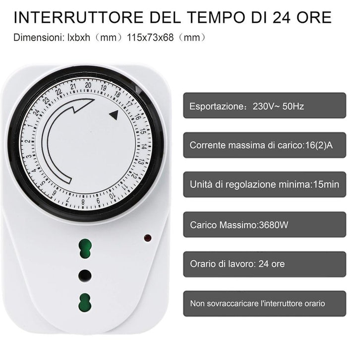 Temporizzatore Meccanico Timer Regolabile 24 Ore Con Spina 16A Presa Bipasso 10/16A Max 3680W