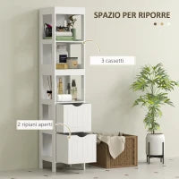 Mobile Bagno con 3 Ripiani Aperti e 2 Cassetti in Legno, 30x30x141.2 cm, Bianco