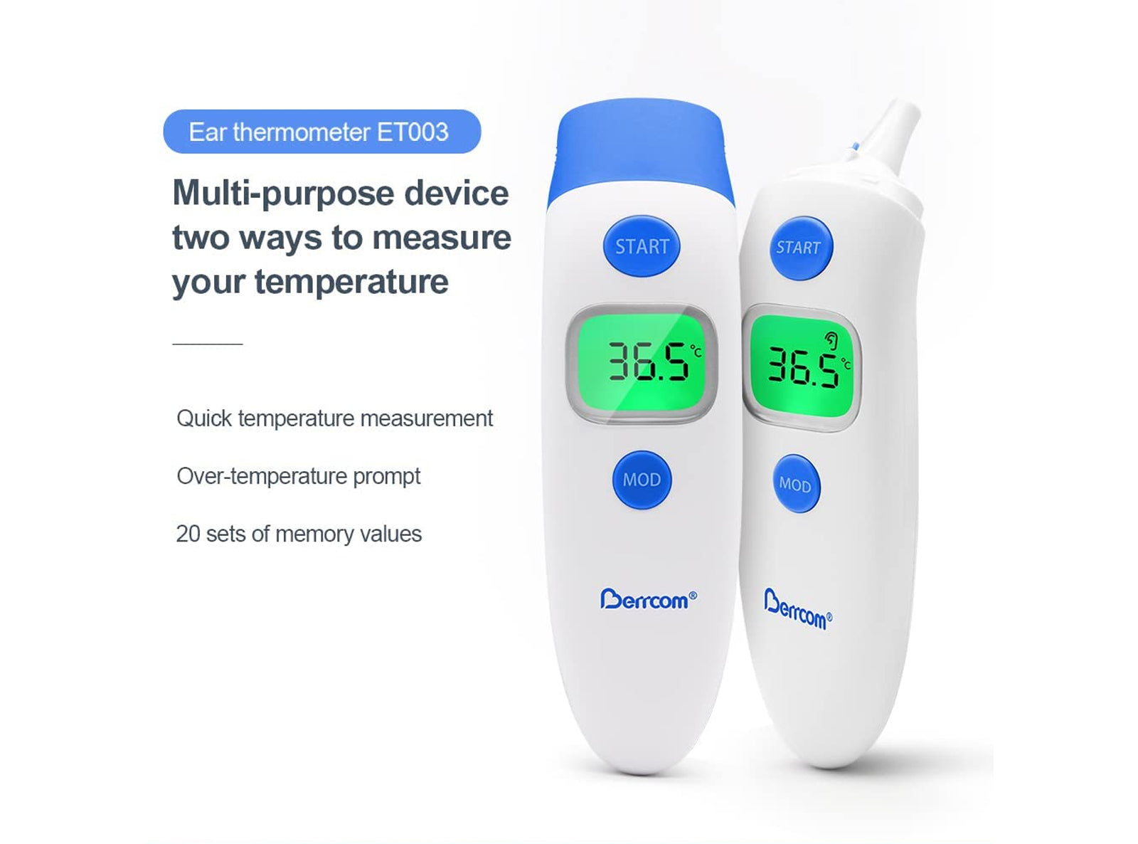 Termometro Berrcom Febbre Fronte e Orecchio Infrarossi Neonato Senza Contatto Termometro Digitale con Lettura Istantanea Allarme Febbre Interruttore °C/°F