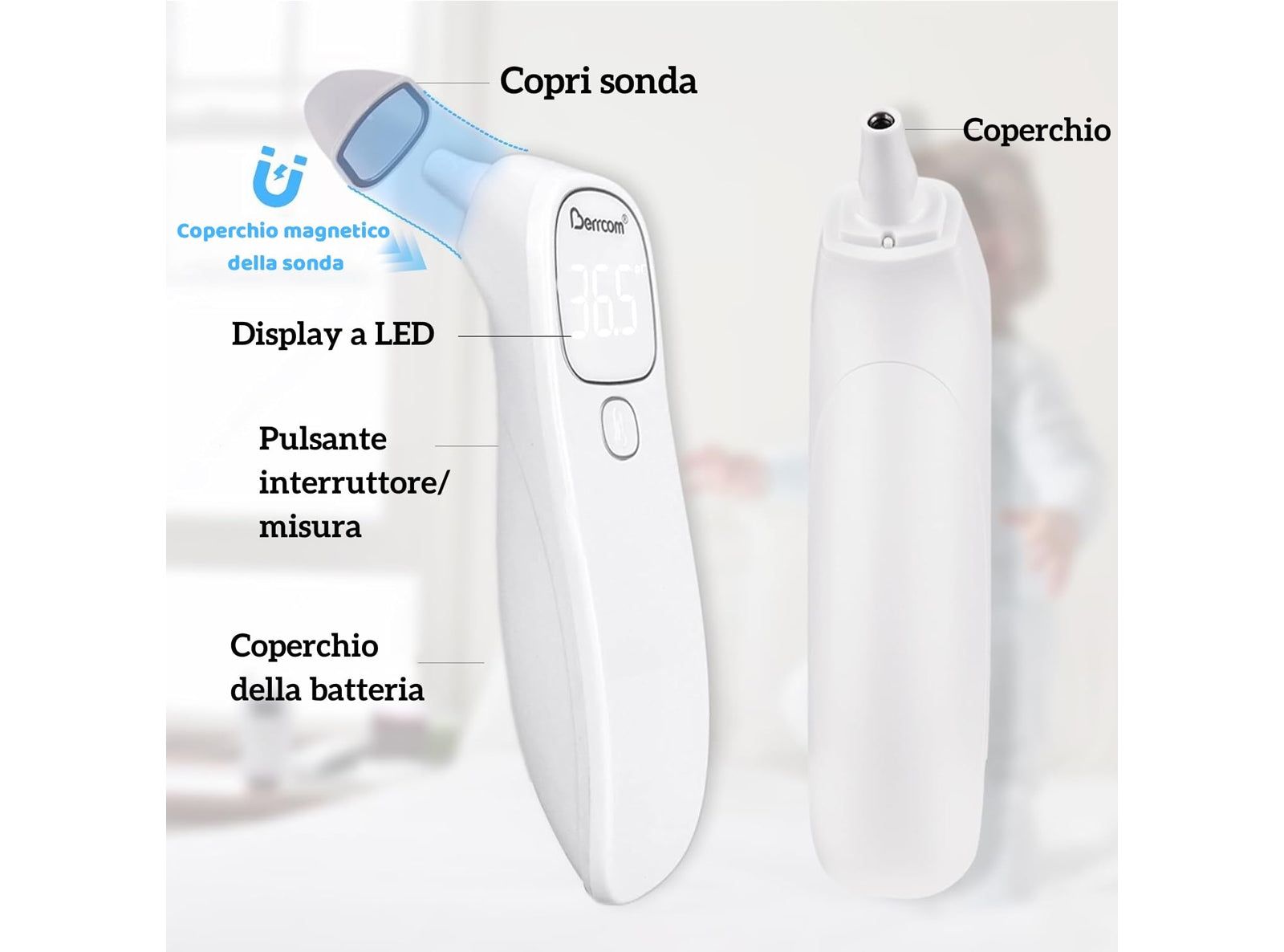 Termometro Fronte e Orecchio Infrarossi Senza Contatto per Neonati Digitale con Lettura Istantanea Allarme Febbre Interruttore °C/°F Berrcom ET005