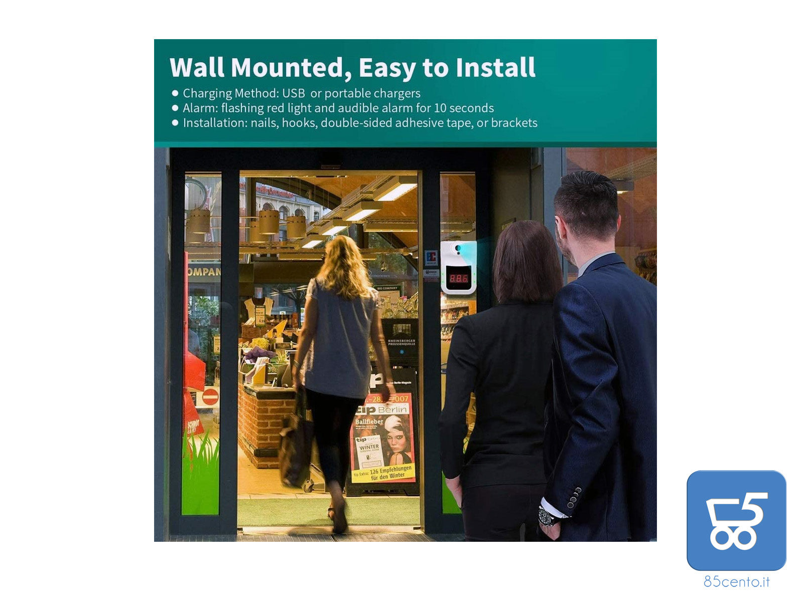 Termometro a infrarossi Frontale a Parete Automatico, Strumento di misurazione della Temperatura Senza Contatto Risultati istantanei precisi per l'entrata della comunità della Scuola del supermercato palestre micro usb 0-50°