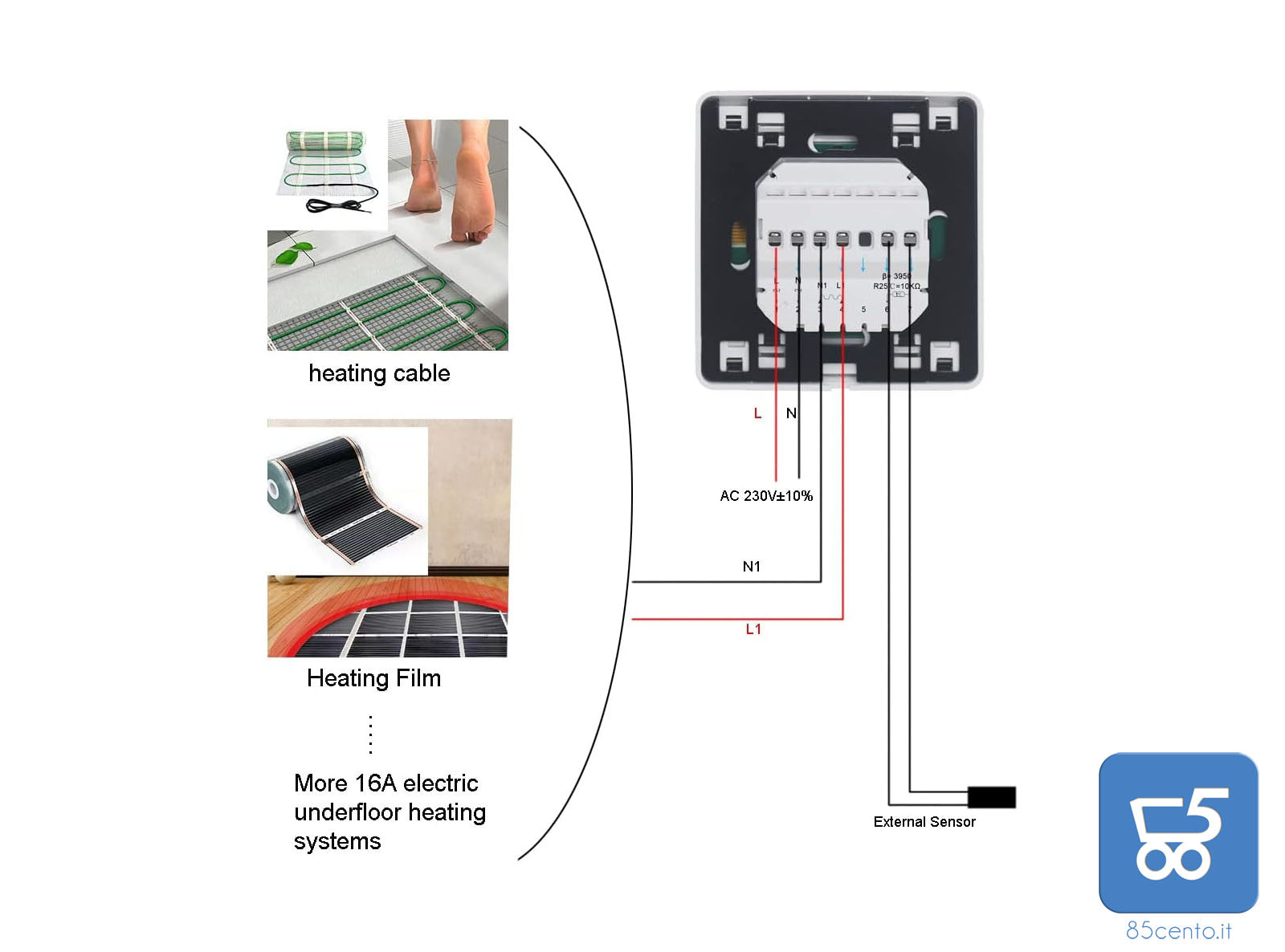 Termostato Programmabile Digitale con sonda LCD 230V 16A da Parete per Riscaldamento a Pavimento Elettrico Regolatore di Temperatura
