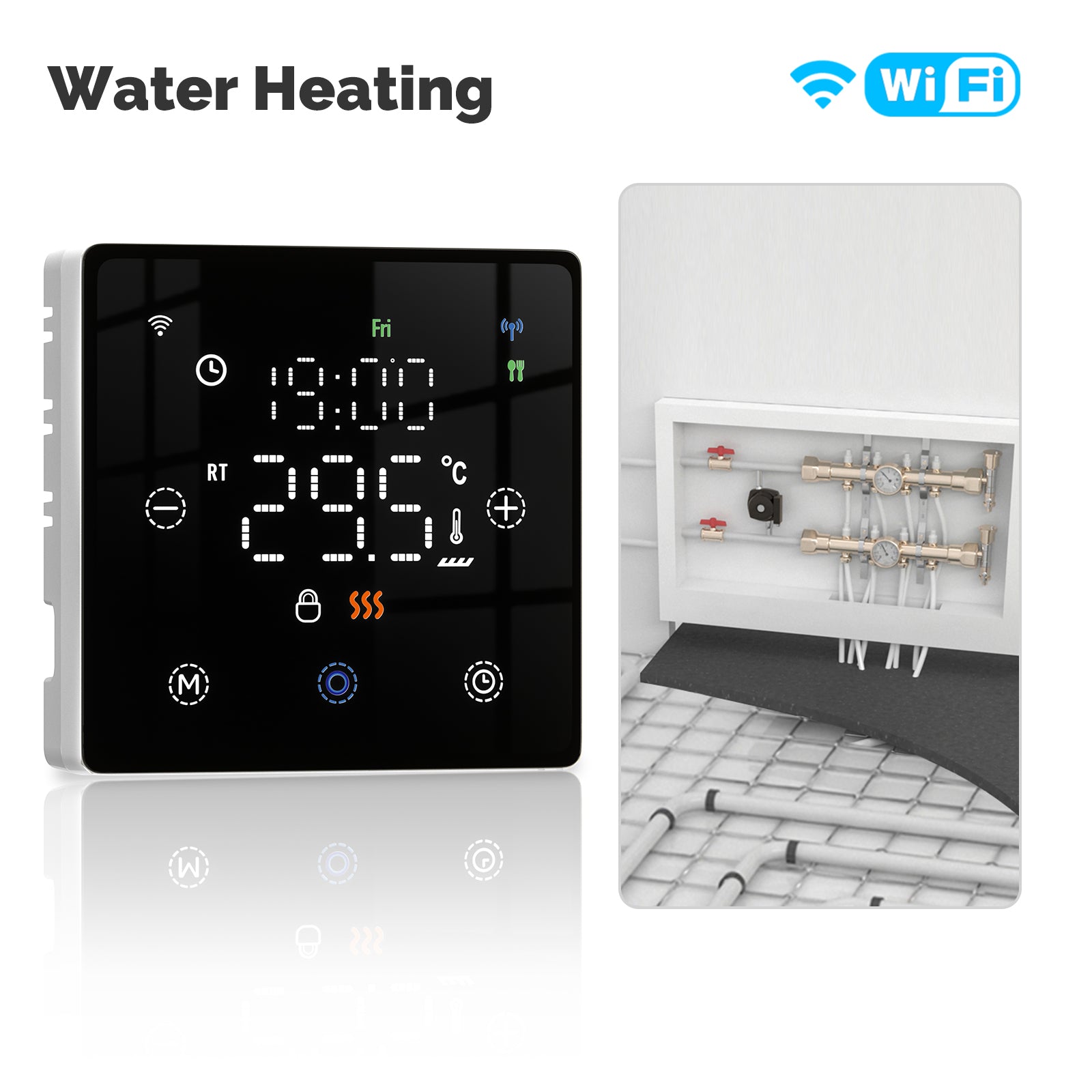 Termostato WIFI Con Batteria Nero, Per Caldaia a Gas Boiler, APP TUYA Smart Life, Quadrata Montaggio da Esterno Oppure Incasso Scatola 502