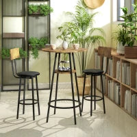 Set tavolo da bar a 3 pezzi con 2 sgabelli imbottiti, rivestimento in eco-pelle, schienale, struttura in metallo, Marrone