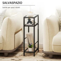 Tavolino da Salotto a 3 Ripiani Compatto in Vetro e Acciaio, 40x18x62 cm, Nero