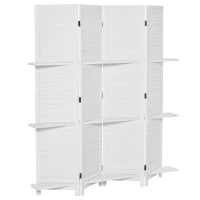 Paravento Interno a 4 Pannelli 160L x 170H cm 3, Ripiani Pieghevoli, Separatore per Interni, Porte a Persiana, in Legno, Bianco