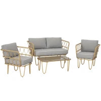Salotto da Giardino in Rattan Stile Boho con Divano 2 Posti, 2 Poltrone e Tavolino con Vetro
