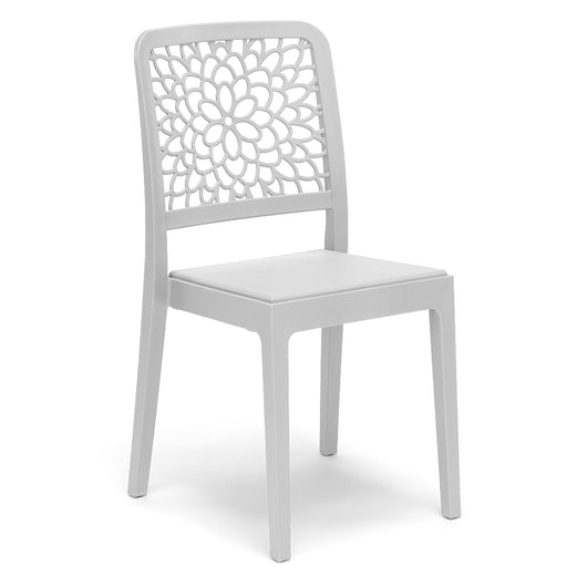 Set 2 sedie in polipropilene TICHE, 100% MADE IN ITALY, impilabile, idrorepellente, resistenza raggi UV, design moderno floreale per sala da pranzo, cucina, bar, ristoranti, esterno, colore Bianco