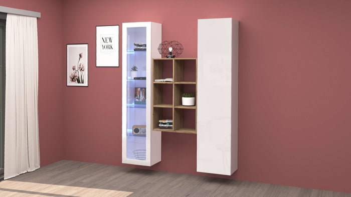 Parete attrezzata soggiorno bianca con vetrina libreria e armadio Teret WH