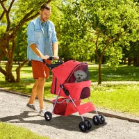 Passeggino per Cani Piccoli Pieghevole, Carrozzina per Cani con Ruote con Freni, Portabicchieri, Cestino Portaoggetti, 3 Finestre e Ruote Anteriori a 360°, per Animali Domestici 10 kg, Rosso