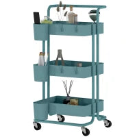 Carrello da Cucina a 3 Livelli con Maniglie e 4 Rotelle, in Acciaio, 42x38x86.5 cm, Verde Azzurro