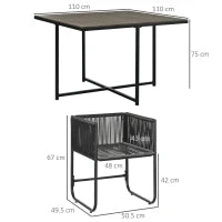 Set da Giardino 5 Pezzi in Rattan PE e Acciaio, 4 Sedie da Esterno con Cuscini e Tavolo Rettangolare