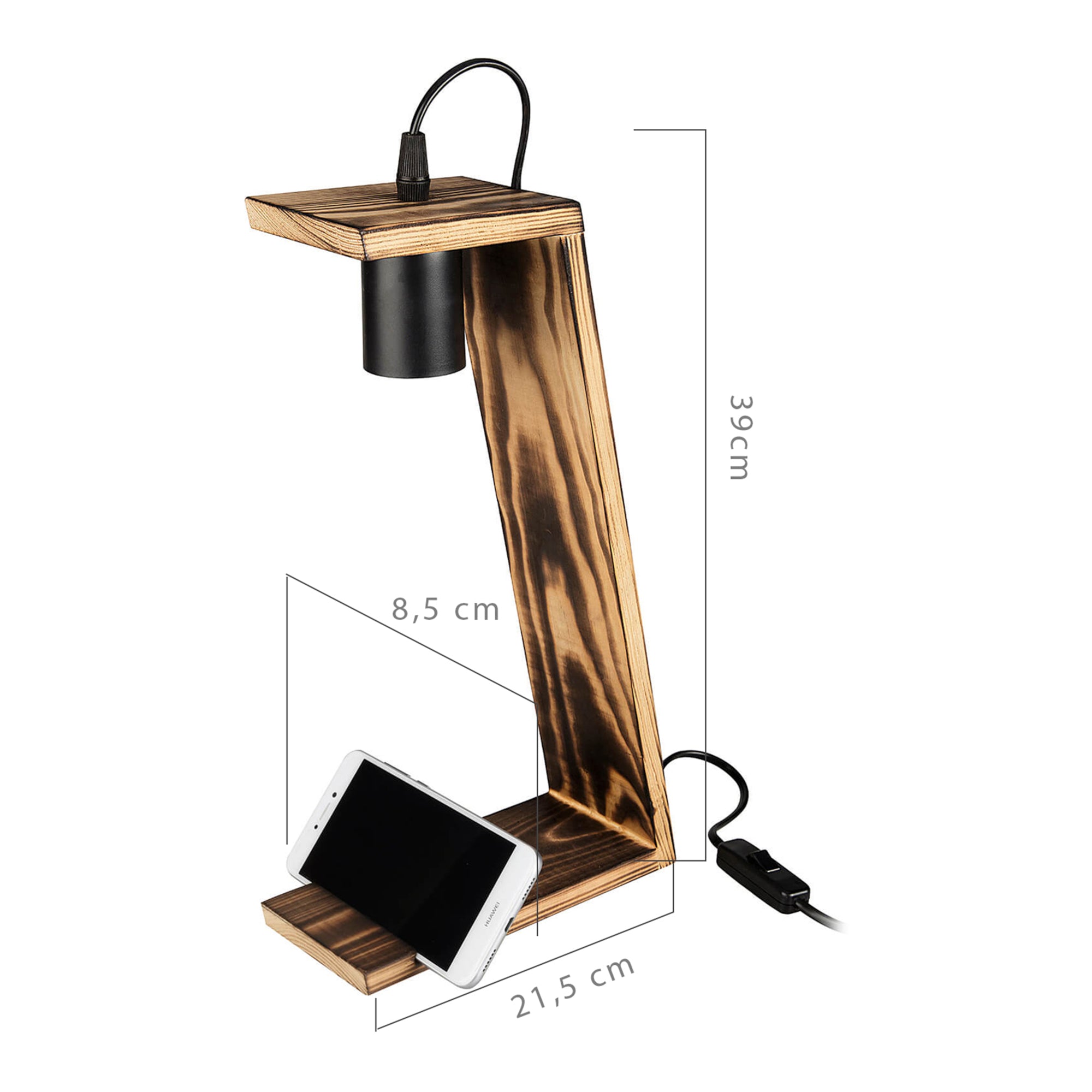 Lampada da Tavolo 'Gillingham' Senza Paralume Base in Legno con Porta Cellulare - Nero/Legno [lux.pro]