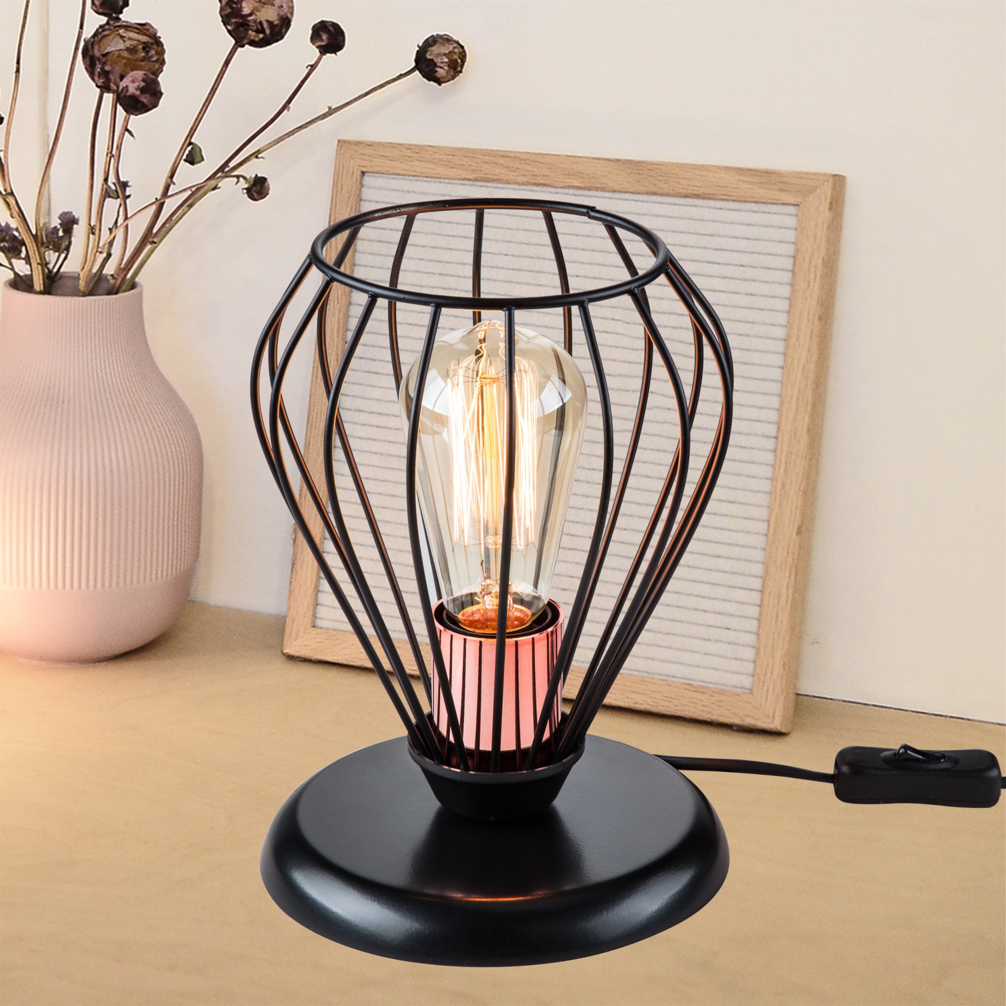 Lampada da Tavolo 'Grays' con Paralume a Gabbia Lampada in Metallo Stile Industriale - Nero / Rame [lux.pro]