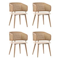 Set di 4 sedie da pranzo con schienale in rattan, cuscino della seduta in pelle PU, 51x 54x79 cm, Marrone Beige