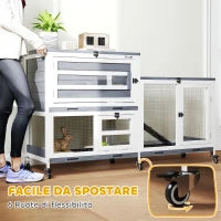 Conigliera a 2 Livelli con Rampa e 3 Vassoi, in Legno di Abete e Acciaio, 147x45x89.5 cm, Grigio e Bianco