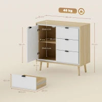 Credenza Moderna con 3 Cassetti e Armadietto, Ripiano Interno Regolabile e Ante Lucide, Bianco e Rovere