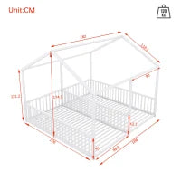 Letto per bambini 4+ anni in metallo 90×200 cm, forma di casa, con sponda di sicurezza, senza materasso, Bianco