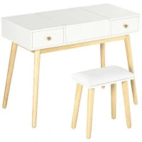 Set di Toeletta con Sgabello, 2 Cassetti e Specchio Ribaltabile, Stile Scandinavo, 100 x 45 x 118 cm, Bianco