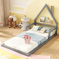Letto Montessori a Forma di Casetta con Doghe in Legno, Letto per Cameretta per Bambini 4+ Anni, Senza Materasso, 90x200 cm, Grigio