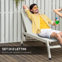 Chaise Longue Lettino Prendisole Reclinabile 2pz in Alluminio e Poliestere, 55x195x30 cm, Beige