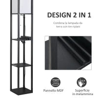 Lampada da Terra Moderna, Lampadina Illuminazione Interna Salvaspazio con Ripiani da Soggiorno Cotone, MDF 26 x 26 x 160 cm Nero e Bianco